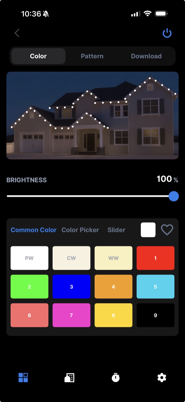 App color screen with brightness slider and common color swatches over a lit home preview
