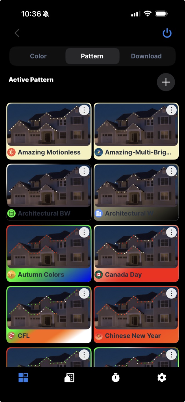 App pattern library with holiday presets like Autumn Colors and Canada Day shown on a preview home