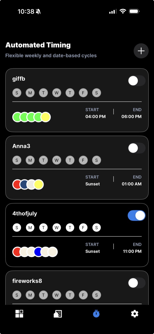 Automated timing screen with weekly schedules that start at sunset